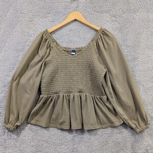 Old Navy Long Sleeve Smocked Peplum Blouse Women's XL Green V-Neck Birch Leaf